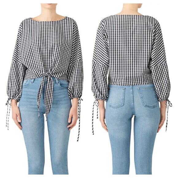 Greylin Millie Blouse Gingham Plaid Checker Top Tie Front Shirt Black White S - Picture 1 of 10